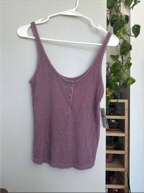 American Eagle Ribbed Button-Front Tank Top - Dusty Mauve
